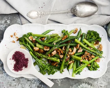 Steamed broccolini and asparagus with candied pecans