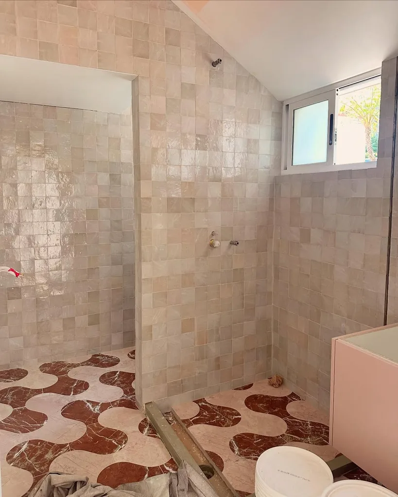 Bathroom with wavy floor design. 