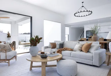 An American barn style home's living room.