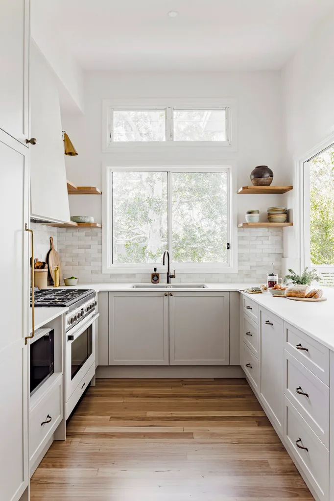 Australian style kitchen inside a coastal holiday home. 