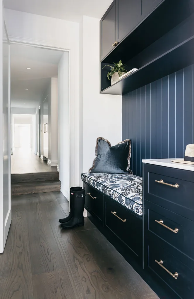 The mudroom inside a modern home in Melbourne. 