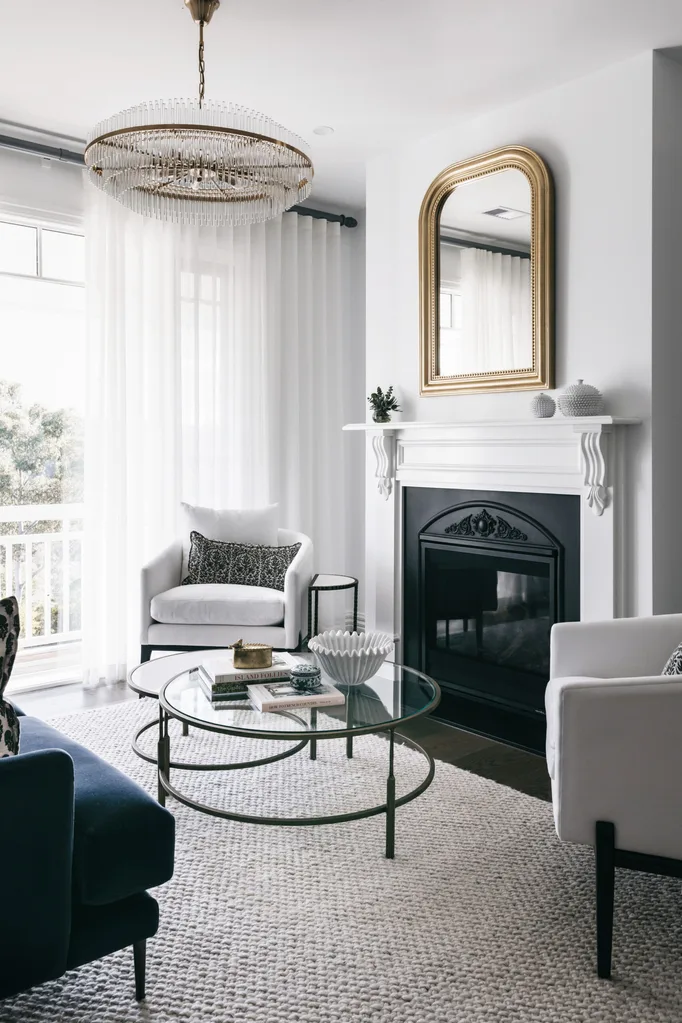The living room inside a modern blue house. 