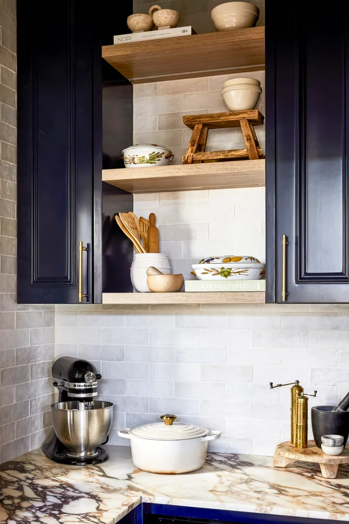 Californian bungalow renovation butler's pantry with navy cabinets, timber shelves and brass hardware