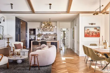 Californian bungalow renovation living and dining room with chevron oak floors and calacatta viola marble