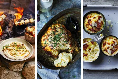 Three dishes featuring grilled bread, roasted cauliflower, and baked cheesy pasta cups.