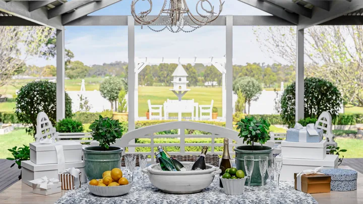 The outdoor alfresco dining area with a classic blue and white table setting.