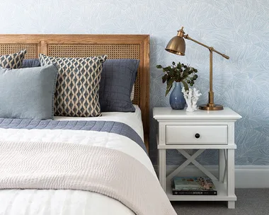 rattan-bedhead-guest-bedroom-blue-wallpaper