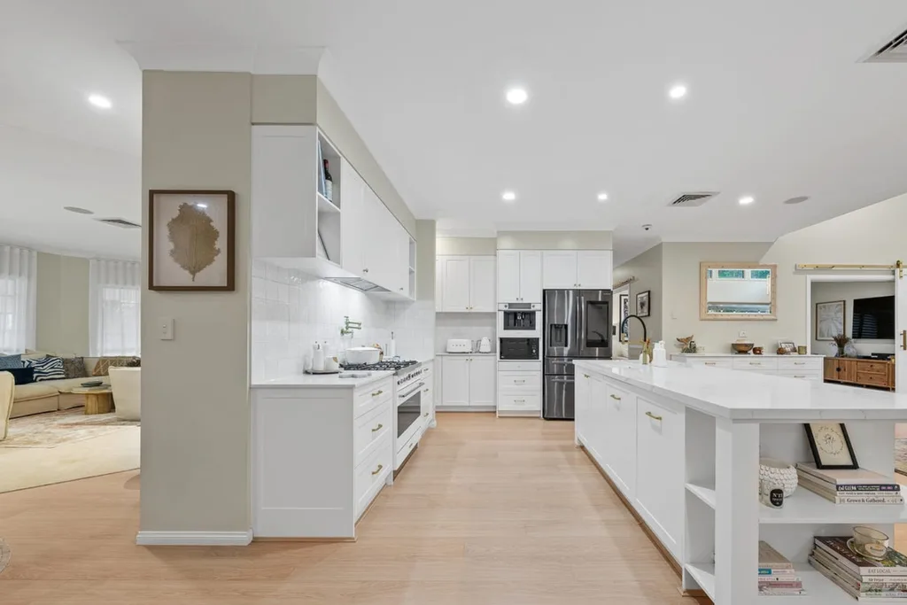 Corey Parker Daisy Hill home white kitchen with white island