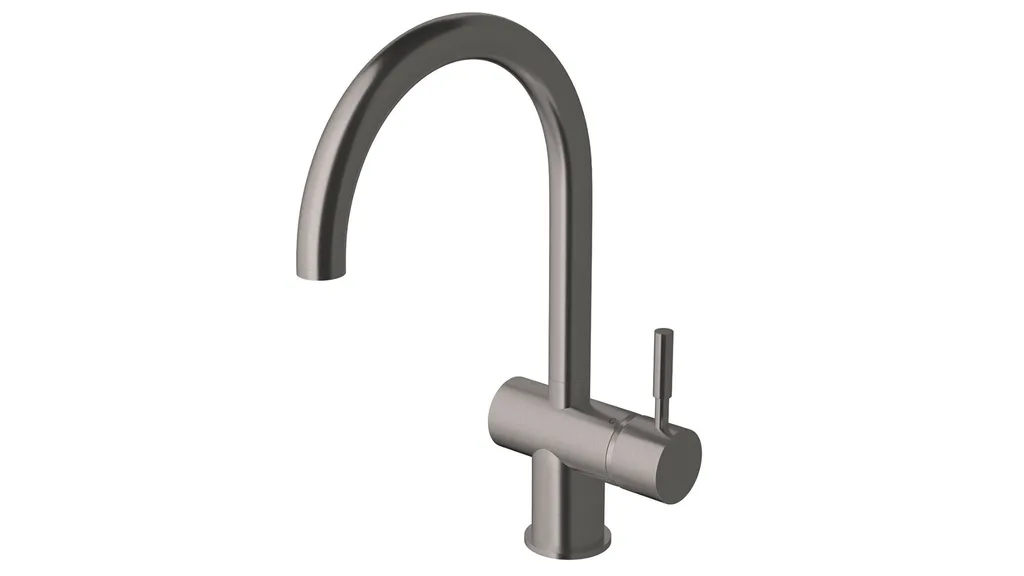 Gooseneck style kitchen mixer tap from Appliances Online in a brushed gunmetal finish.