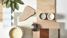 garden design moodboard with travertine stone, timber and brushed nickel