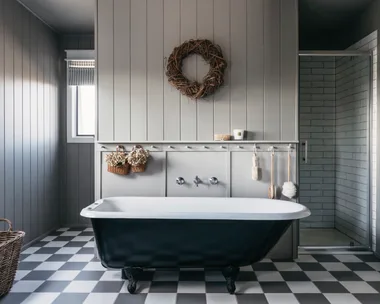 Elegant bathroom with a black clawfoot tub, gray walls, checkered floor, woven wreath, and glass shower.