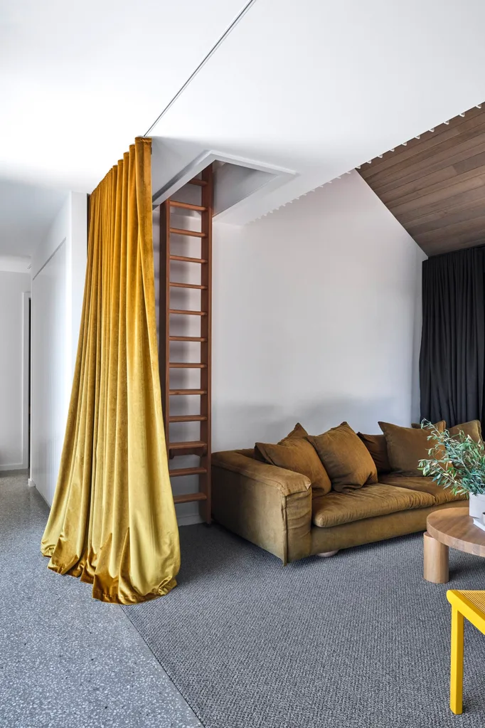 A curtain in a rumpus room. 