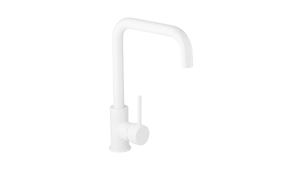 A kitchen mixer tap with a square sillhouette from ABI Interiors in a matte white finish.