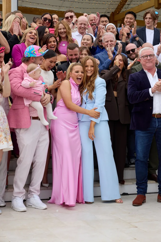The Block 2024 Auctions showing Maddy and Charlotte in the middle of the contestants and Scott Cam