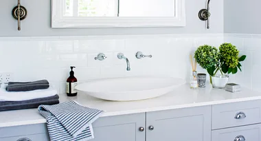 Modern bathroom sink with towels, soap dispenser, and green plants on a white countertop.